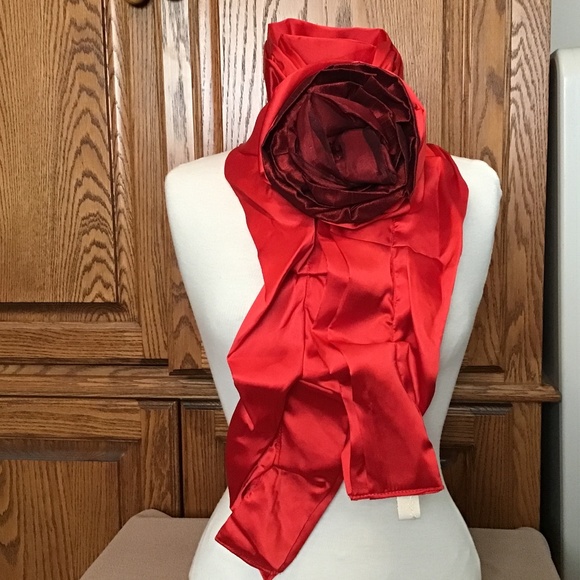 Kathleen’s Collection by the Lake Accessories - NWT Katherine’s Collection Red Satin scarf w/removable flower accent, 64” long